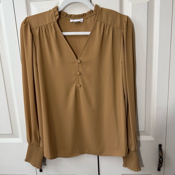 Calvin Klein Tan Carmel Long Sleeve Vneck Blouse Women’s Size XS NWT - Picture 1 of 9